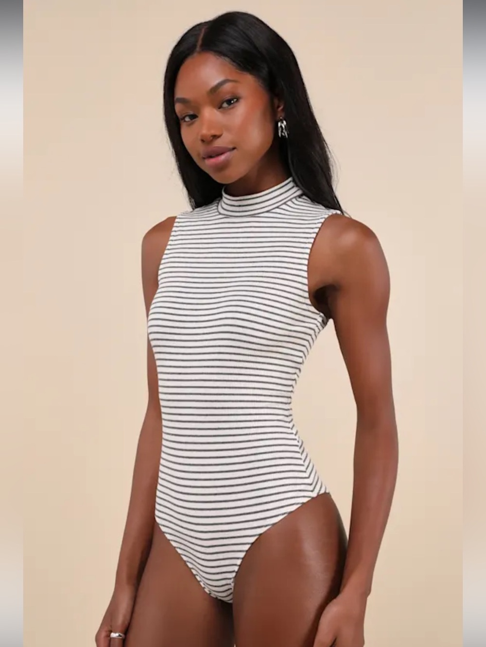 NWT Lulu’s Ivory Striped Mock Neck Sleeveless Bodysuit - Large